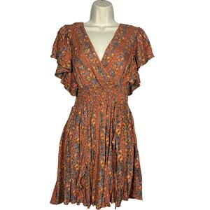 NEW! Angie V NEck Floral Print Dress Cottagecore Casual Ruffle Peach - S